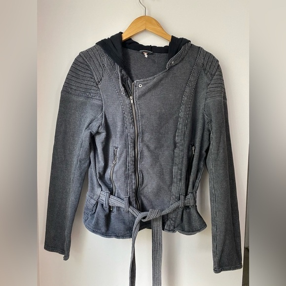 Free People Railroad Stripe Knit Hooded Moto Jacket Size Large - Picture 1 of 14